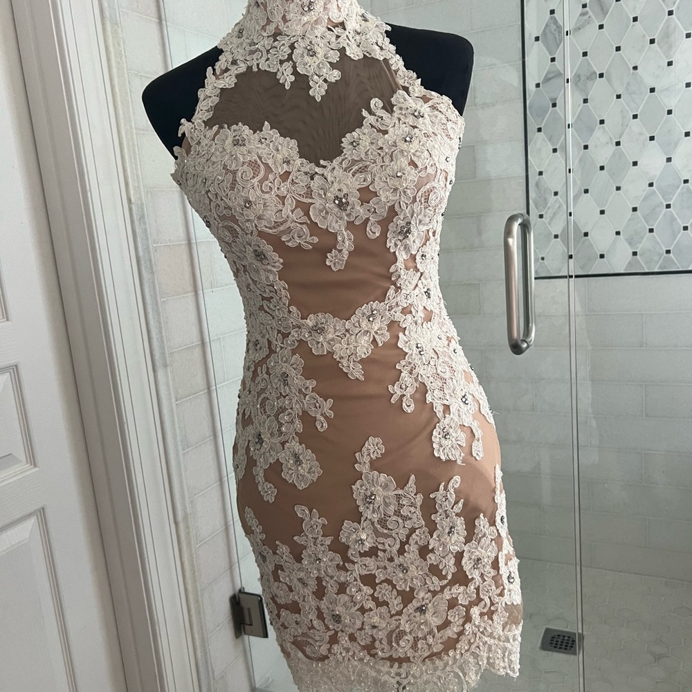 Sherri Hill Nude and Ivory Backless Lace Appliqué Dress - Picture 2 of 7